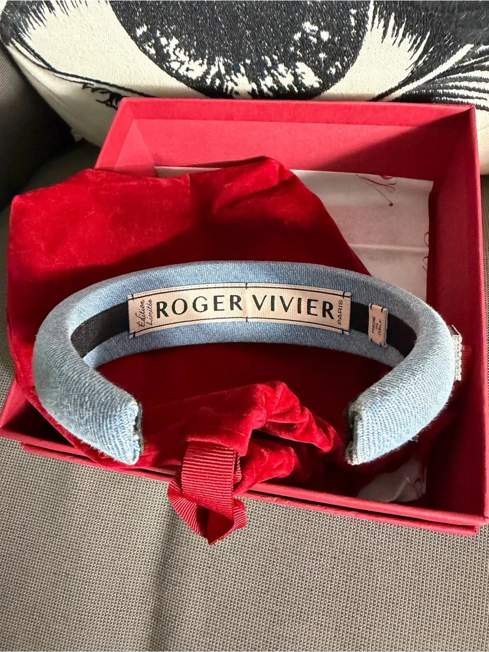 Roger Vivier Light Blue Padded Headband with Pearl and Crystal Heart